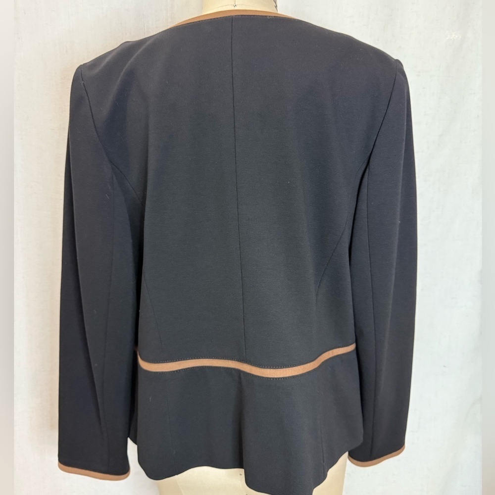 NWT Talbots Black Open Front Blazer Jacket Brown Trim Petite 10P Clasic Workwear - Picture 2 of 6